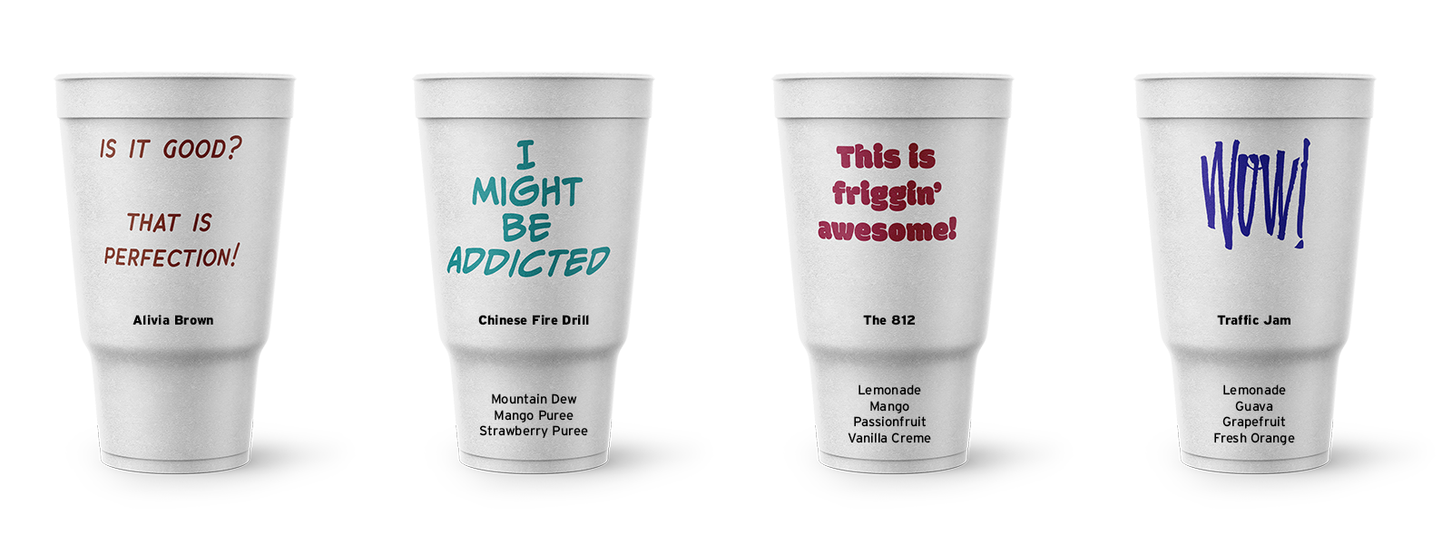 Cups with customer testimonials written on them